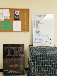 A whiteboard is at right with bright colors. A thumbtack board is left with various signage