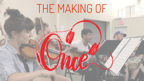 four performers playing guitars and violins. The Making of Once red type and headphones