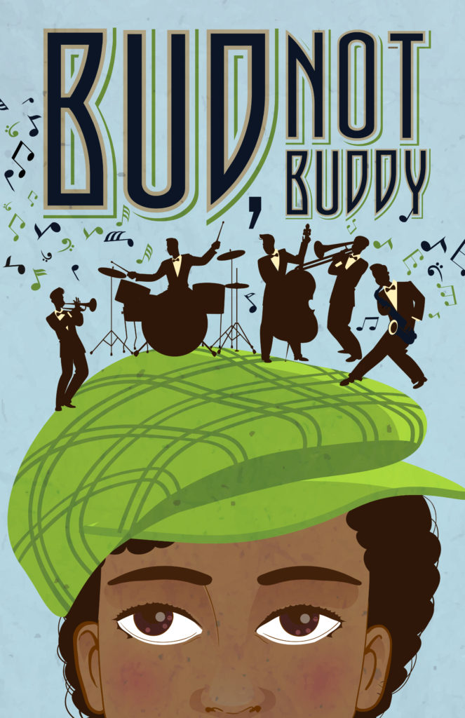 Bud Not Buddy. A black boy in a green cap with musicians playing